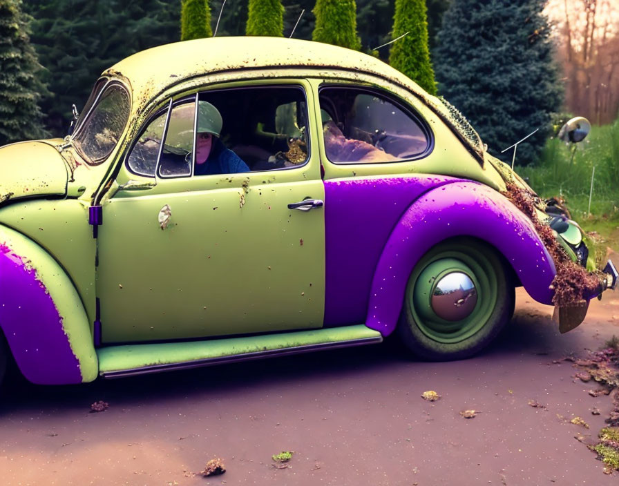 Aged green and purple Volkswagen Beetle with rust and moss parked on path