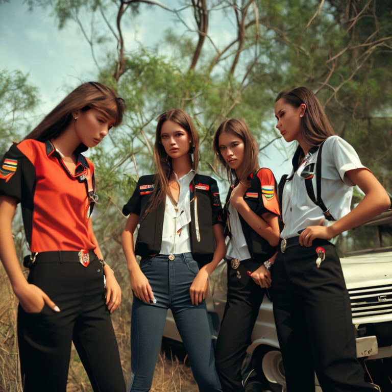 Four Women in Uniform-Like Outfits by Off-Road Vehicle