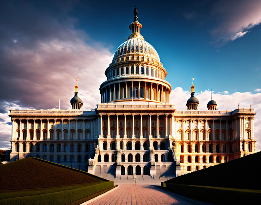 Iconic United States Capitol Building with dramatic dusk sky and neoclassical dome.