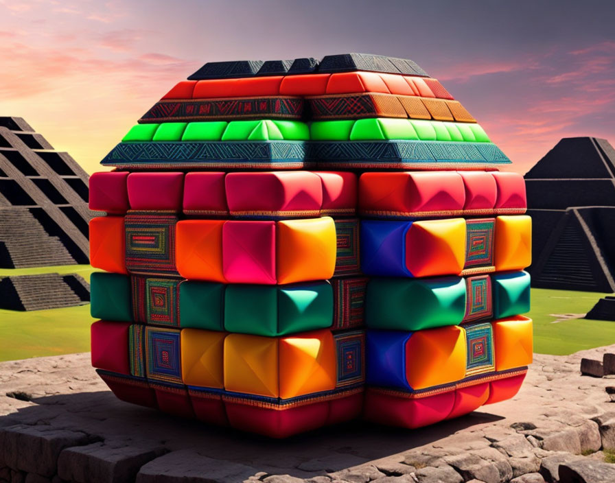 Colorful Rubik's Cube-like structure with ancient pyramids and sunset sky.