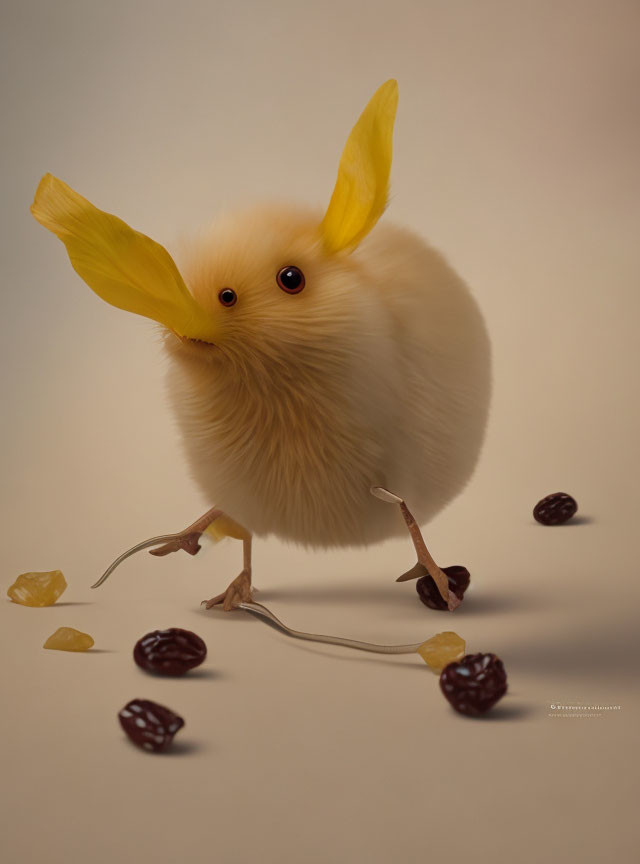 Fluffy creature with yellow ears and large eyes holding dried vine on beige background