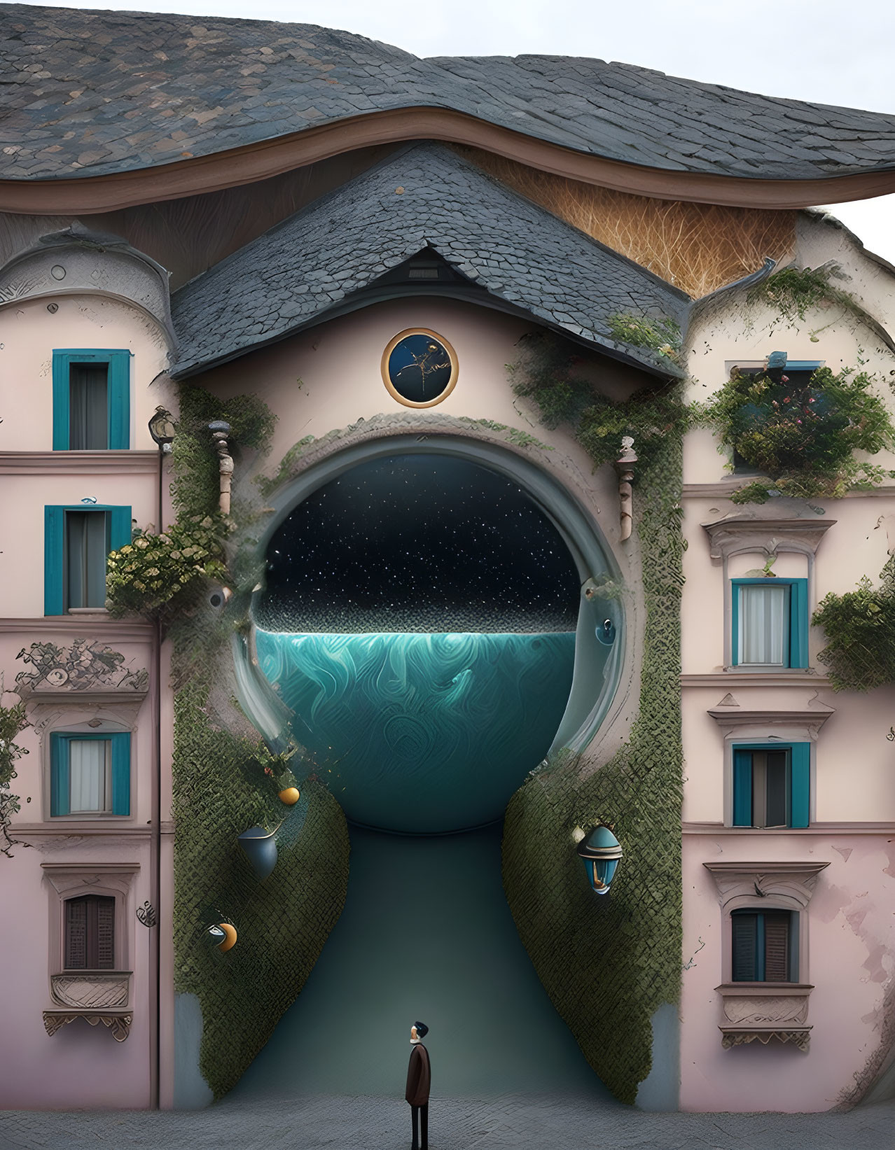 Surreal building with circular tunnel and starry night sky landscape