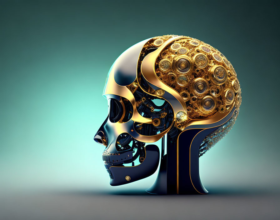Skull with Mechanical Ornate Design on Teal Background
