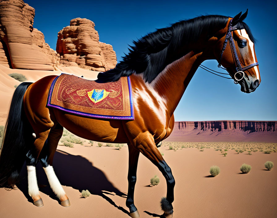 Majestic bay horse in ornate tack in desert landscape