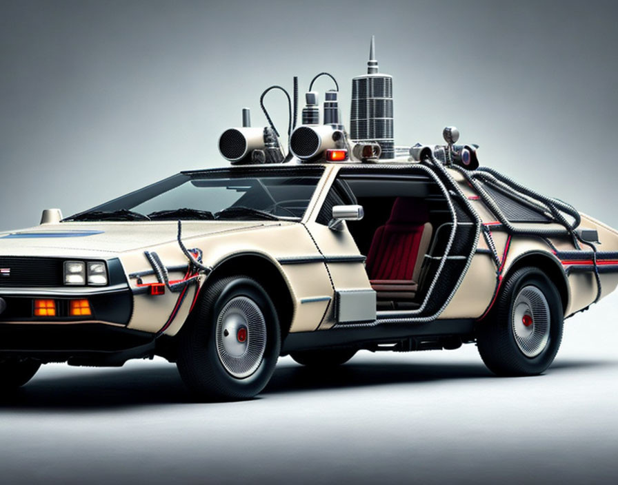 Modified DeLorean Car with Futuristic Gadgets and Gull-Wing Doors on Grey Background