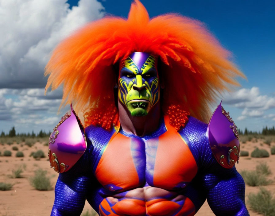 Colorful illustration of a muscular character with face paint and armor in a desert landscape