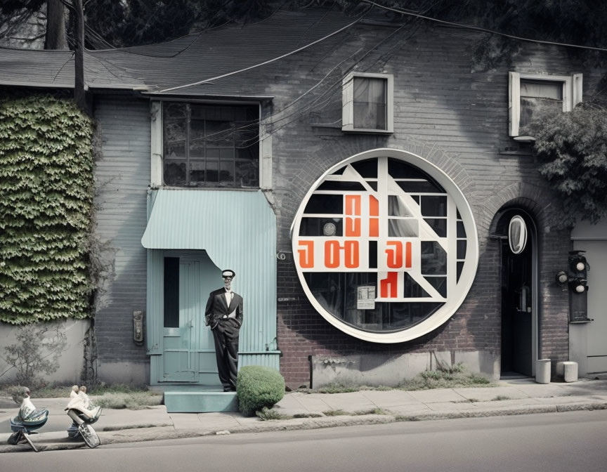 Mannequin in suit outside building with circular windows and ivy, two figures nearby