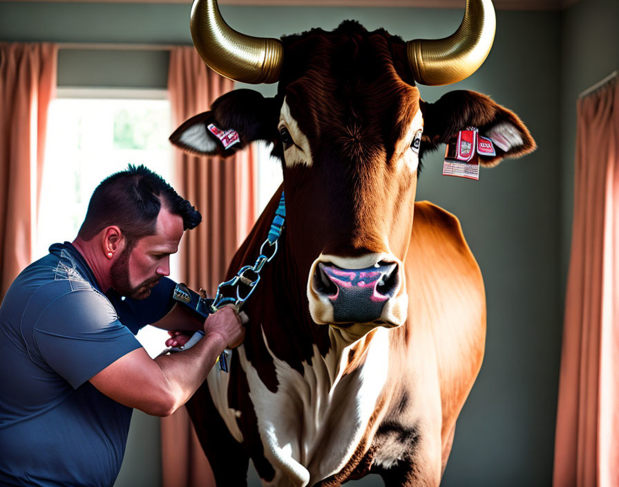 Man holding leash of oversized cow in room.