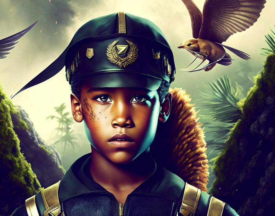 Young boy in military attire with bird in lush jungle.