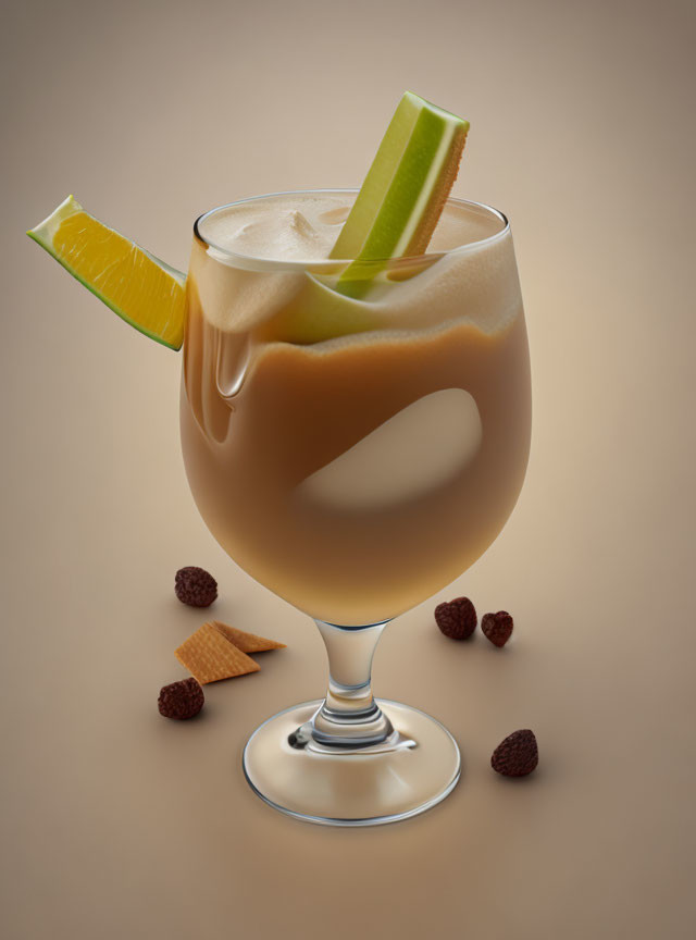 Creamy frothy beverage with orange slice and celery stick, almonds and cookies on beige background.