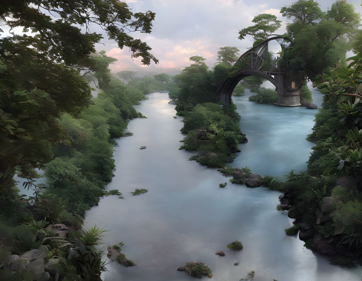 Tranquil river in lush forest with stone arch bridge and boats at sunrise