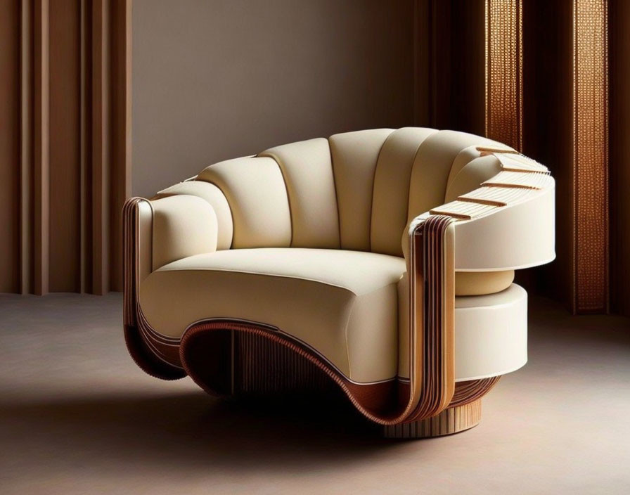 Cream-Colored Armchair with Wavy Design and Wooden Accents against Brown Curtain