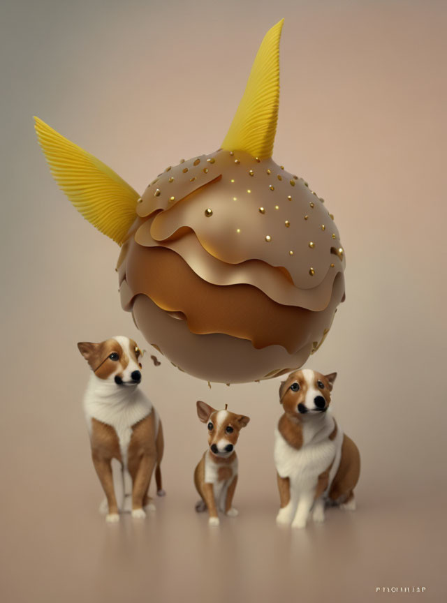 Three Corgi Dogs and Chocolate Dessert with Yellow Wings on Beige Background