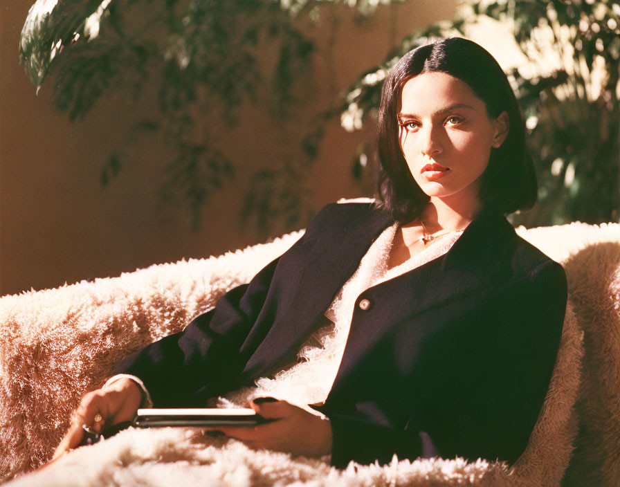 Woman on furry couch in sunlight with book and blazer