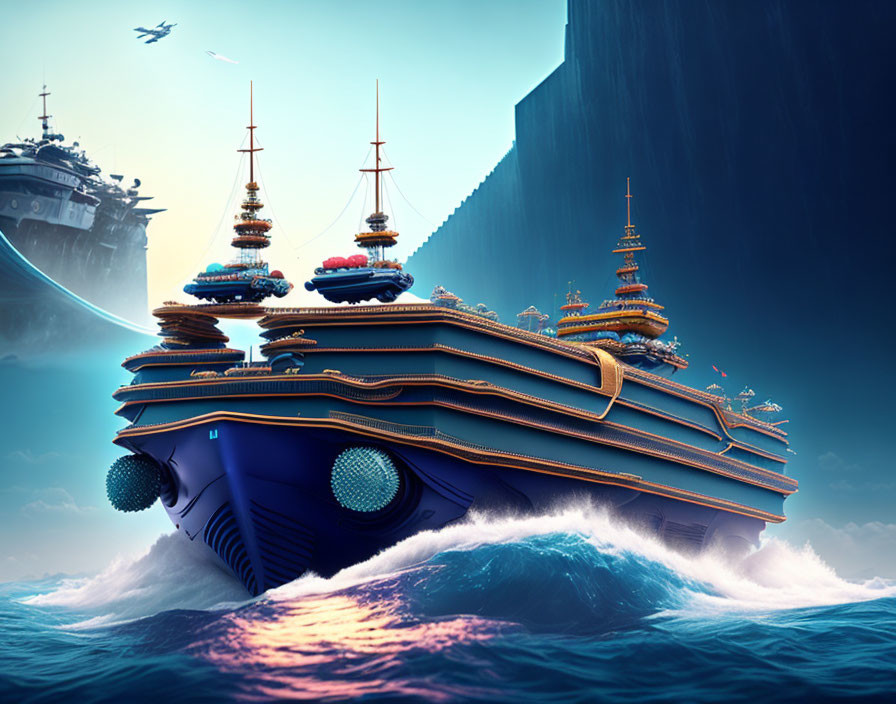 Colossal ornate ship with futuristic aircraft sailing ocean