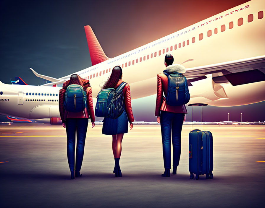 Three travelers with backpacks and a suitcase watching airplanes on tarmac at sunset