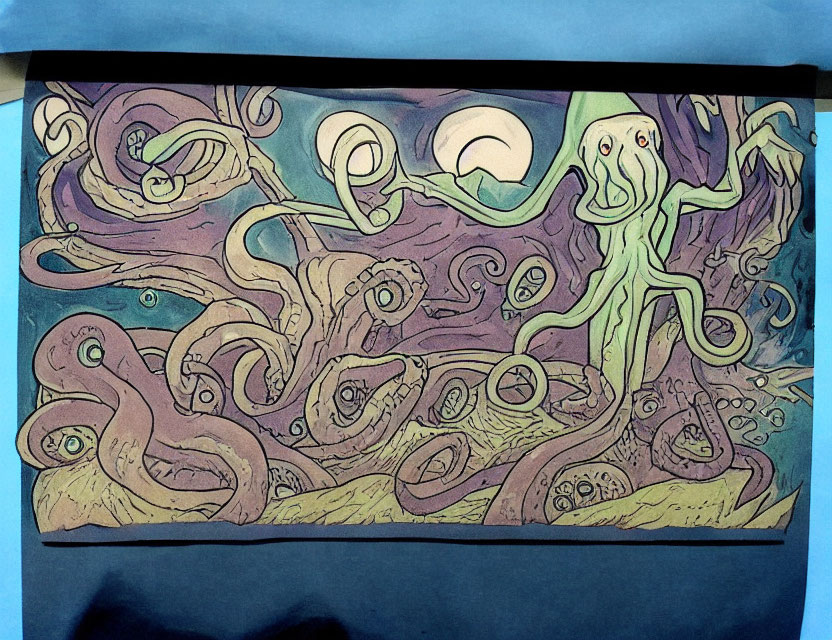 Vibrant drawing of fantastical octopus-like creatures under crescent moon