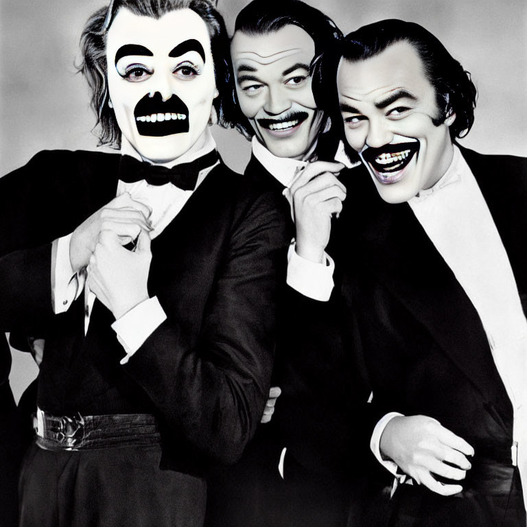 Three people in suits with cartoon smiles and mustaches posing playfully