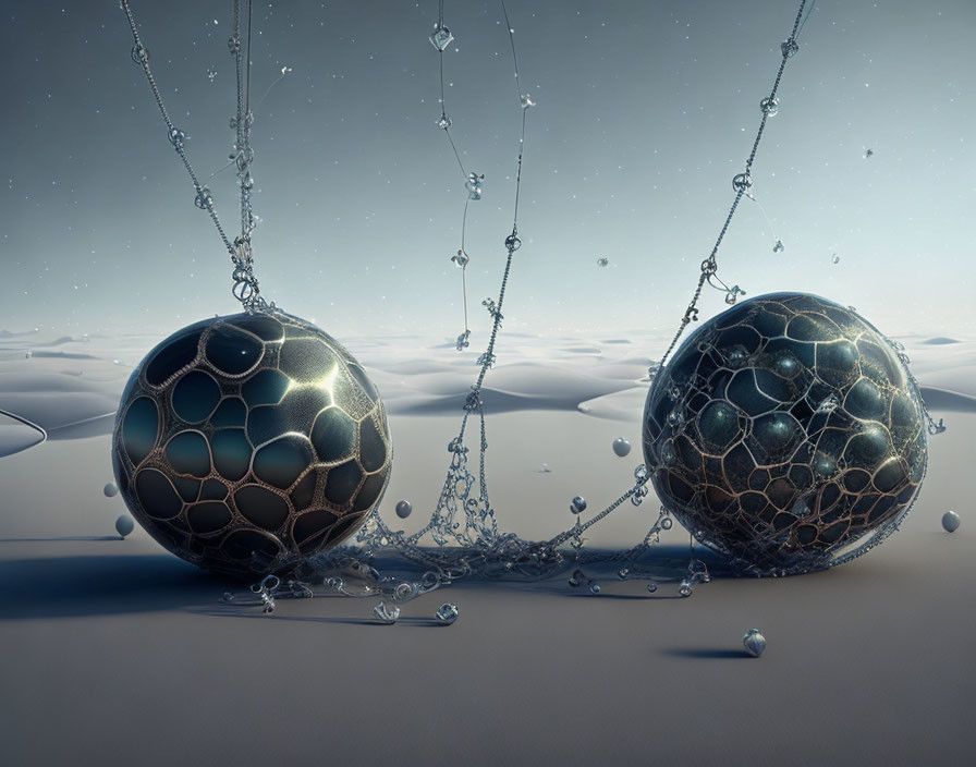Intricately patterned spherical objects linked by chains in surreal desert scene