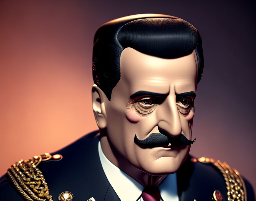 Stylized 3D illustration of man with slicked hair and mustache in military attire