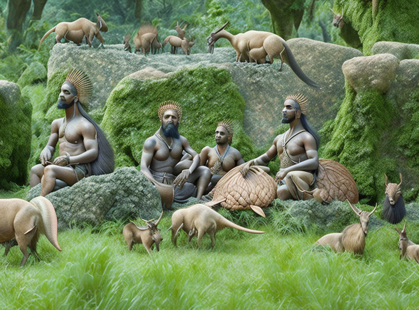 Three Bearded Characters in Tribal Attire Among Dinosaurs in Prehistoric Landscape