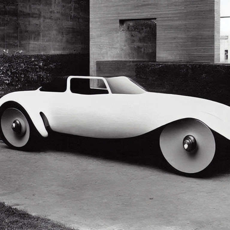 Sleek vintage-style concept car with open-top and oversized wheel covers parked outside building