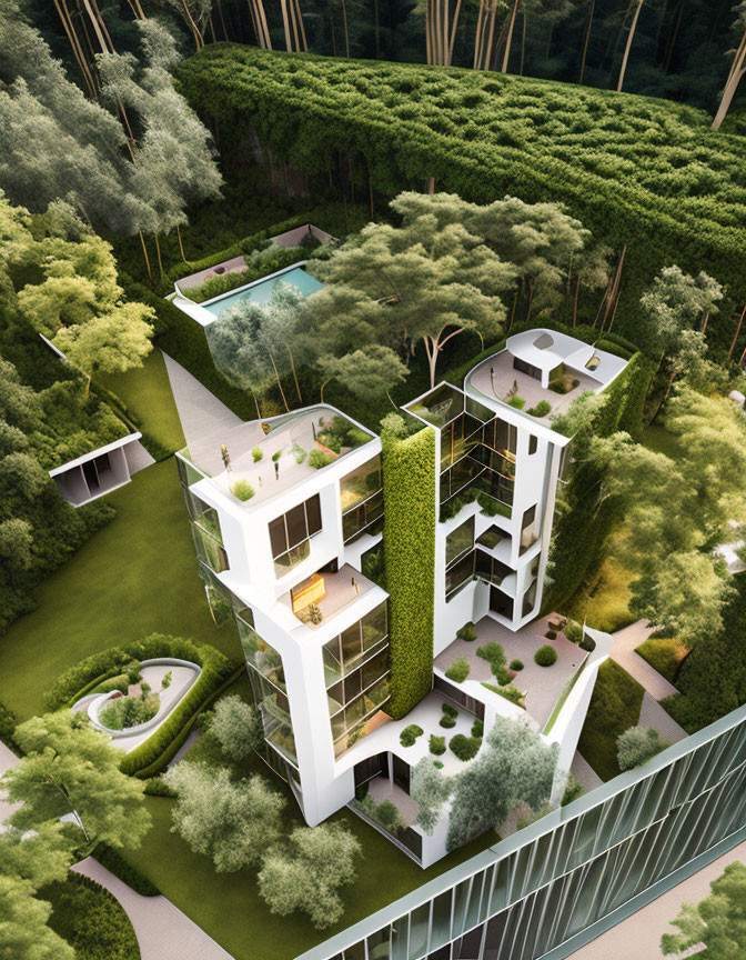 Eco-Friendly Multilevel Building with Green Walls and Rooftop Garden