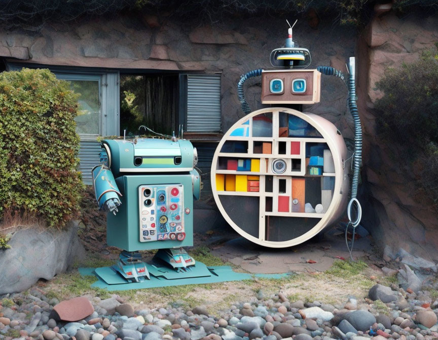 Teal Retro-Futuristic Robot Outside Cave Home with Colorful Objects