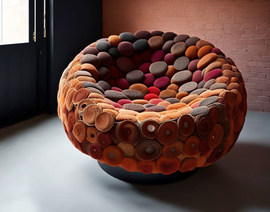 Colorful Round Sofa with Plush Circular Cushions on Red Floor