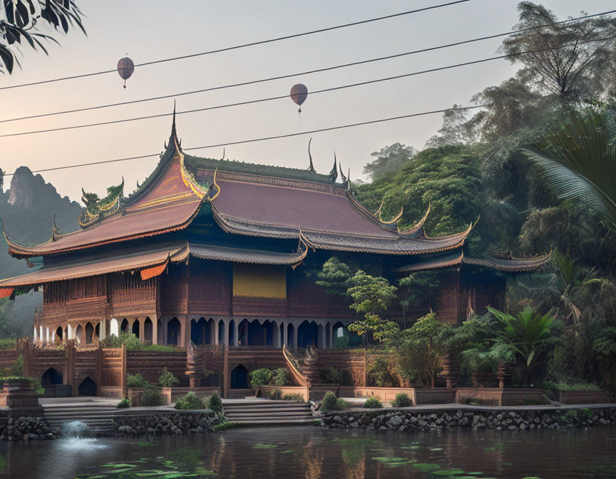 Asian-style Wooden Building with Multi-tiered Roof Amid Lush Greenery and Hot Air Balloons