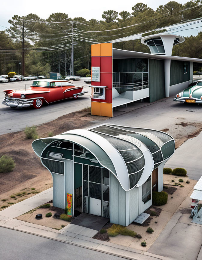 Curved lines retro-futuristic building with vintage cars and trees.