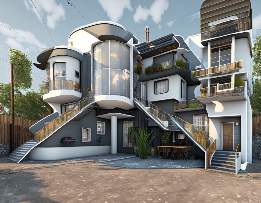 Contemporary home design with curved and angular features, balconies, staircases, large windows, and