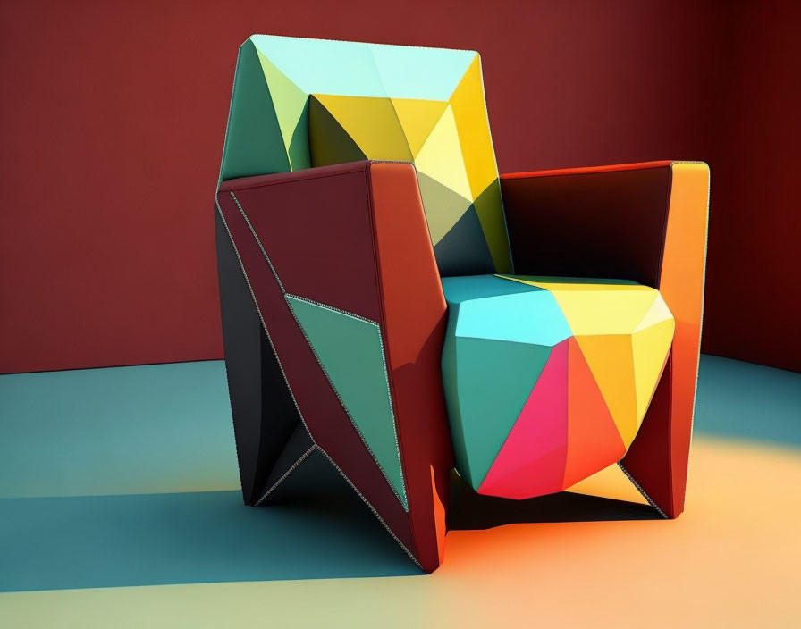 Colorful Geometric Armchair with Polygonal Design on Red and Teal Background