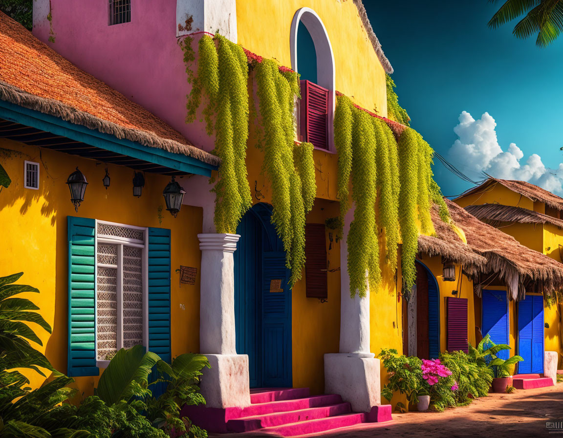 Vibrant Colonial Architecture with Yellow Walls and Blue Doors