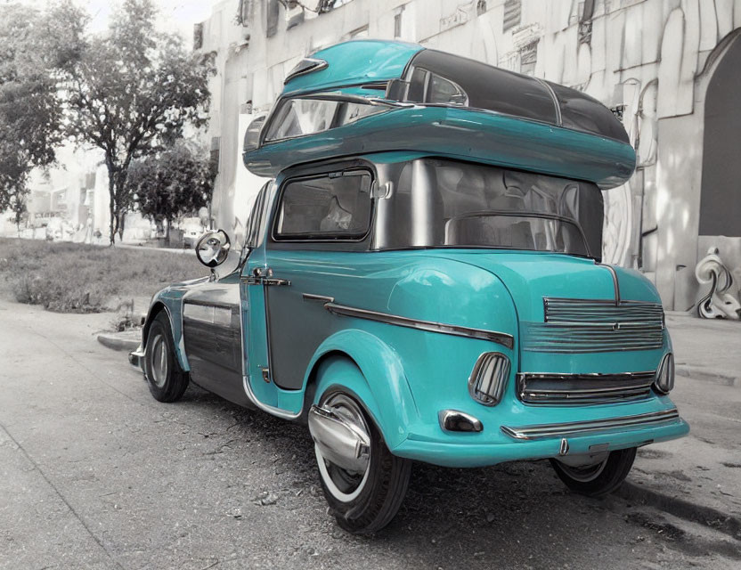 Vintage Aqua-Colored Car with Canoe on Urban Street