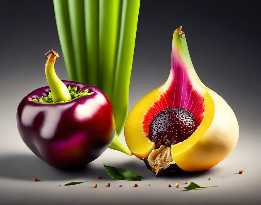 Colorful composite image of purple bell pepper, green stems, half-onion with fig center