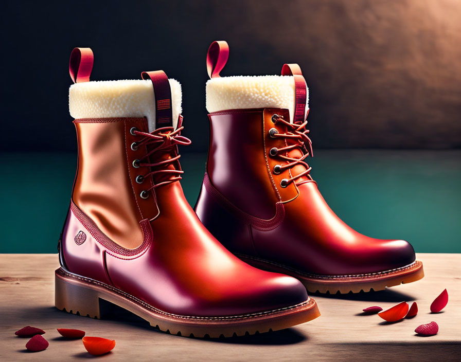 Burgundy Lace-Up Boots with Cream Fleece Lining on Wooden Surface