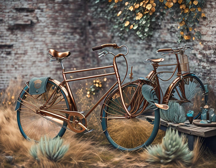 Vintage bicycles with brown frames and leather seats by brick wall and wooden crate.