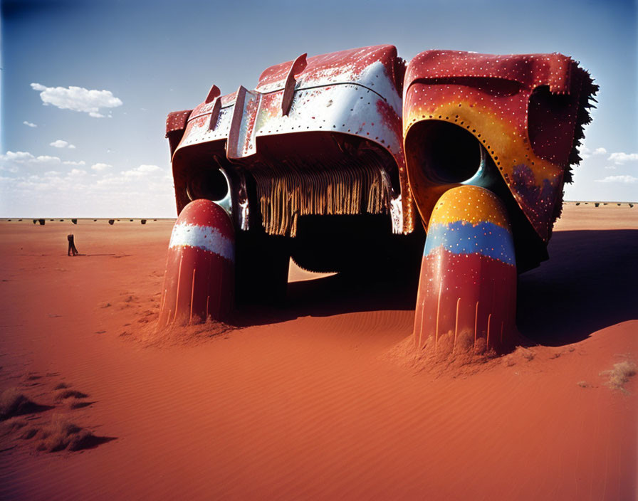 Colorful Polka Dot and Striped Car Buried in Sand Desert Scene