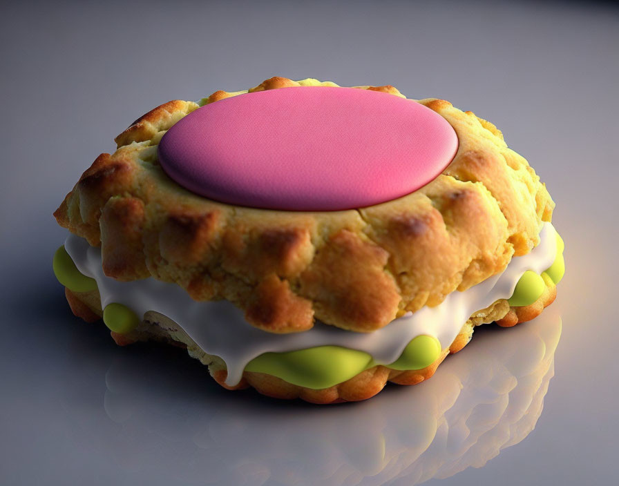 Stylized 3D rendering of cream-filled sandwich cookie