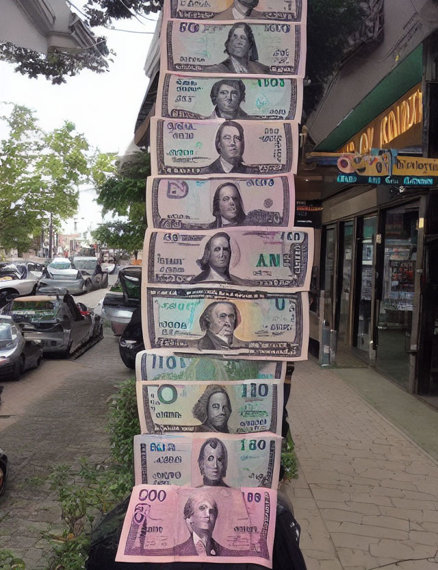 Oversized novelty currency bills on sidewalk with vehicles and storefront