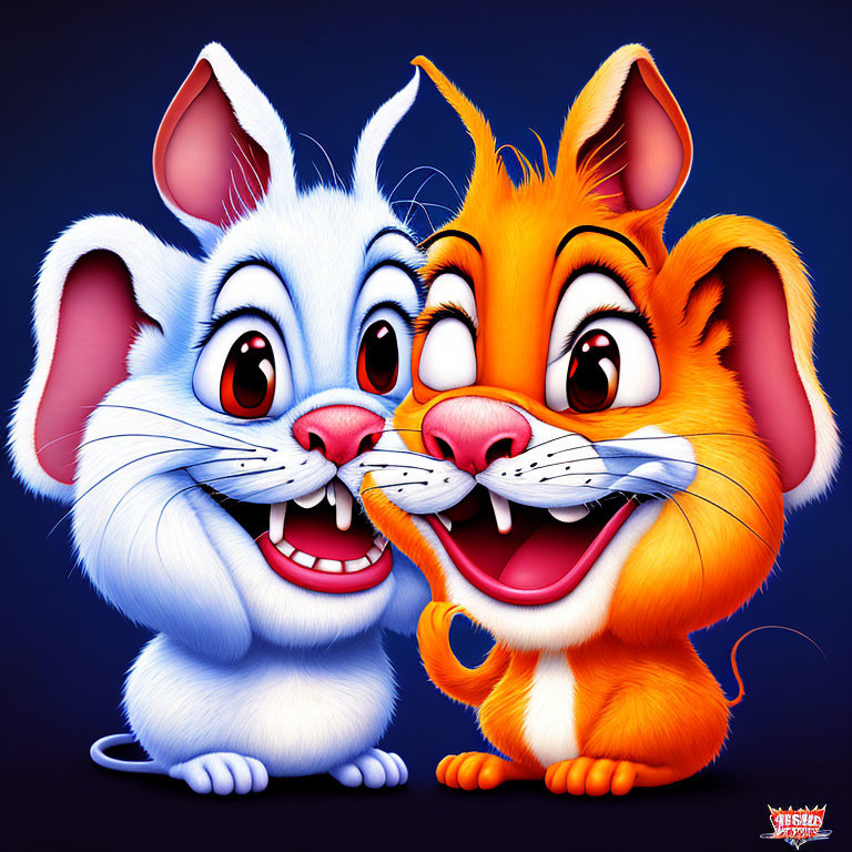 Colorful illustration of white mouse and orange cat with exaggerated facial features on blue background