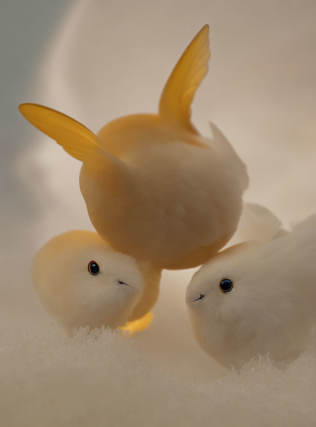 Three fluffy bird-like creatures with large eyes and soft feathers huddling together, one displaying prominent yellow