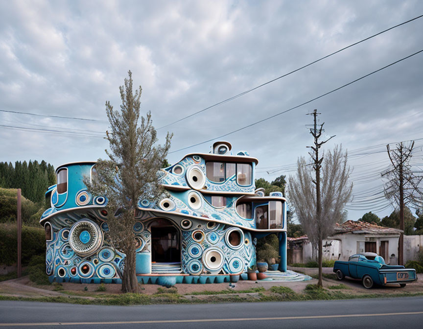 Blue house with circular patterns and organic shapes, vintage car parked under cloudy sky