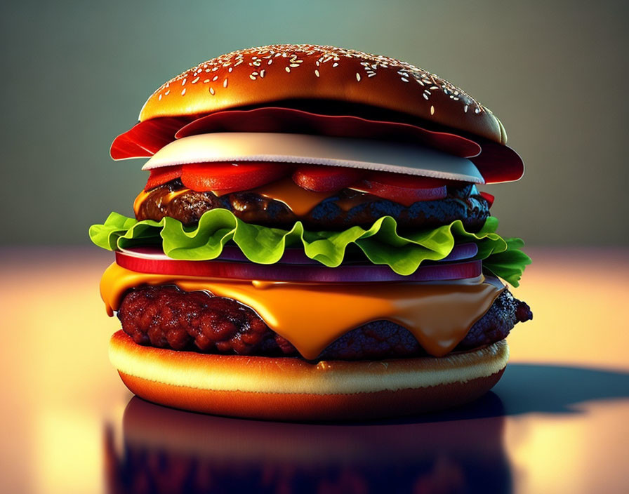 Realistic Double Cheeseburger with Lettuce, Tomato, Onions, Cheese Slices, and