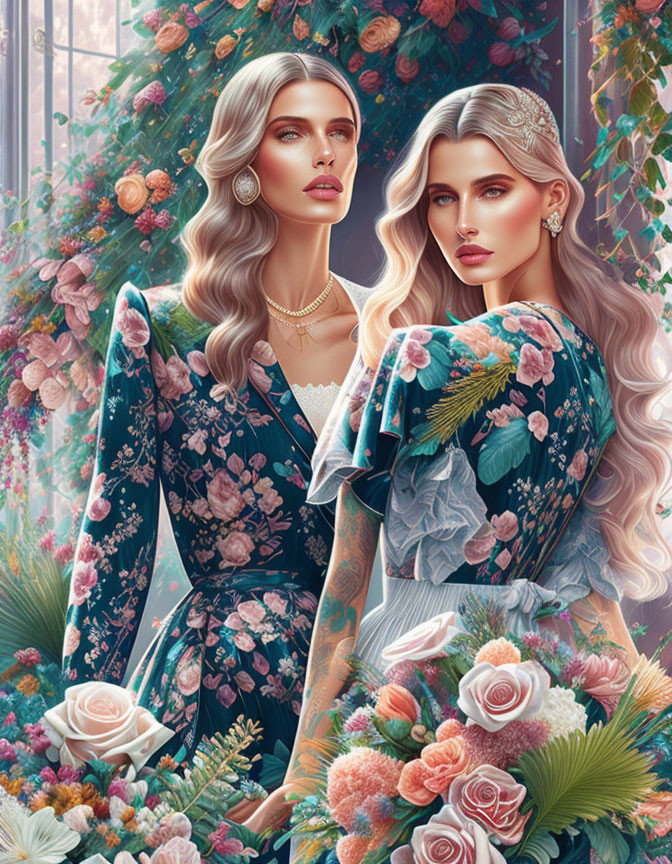 Elegant women in floral dresses with intricate hairstyles among lush greenery