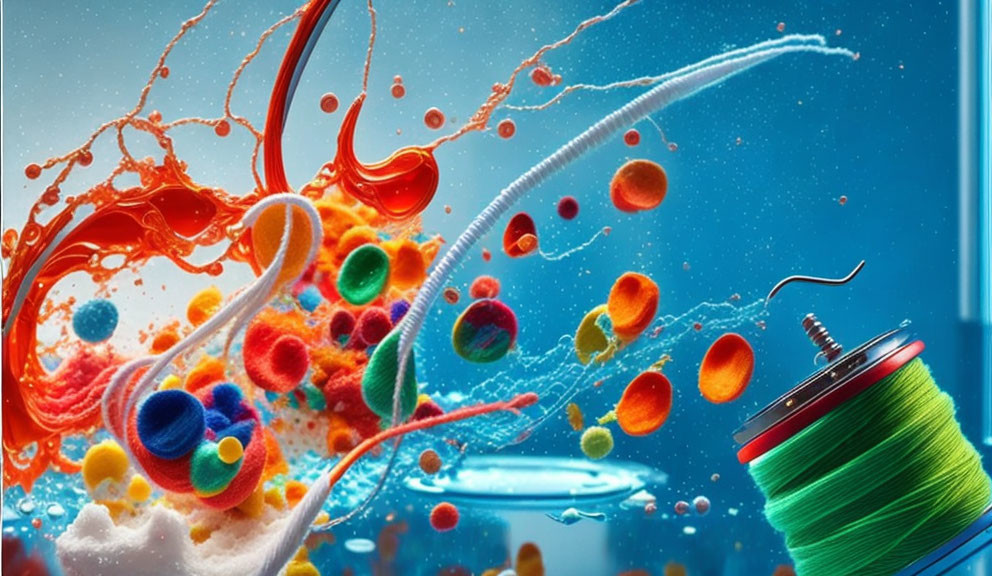 Colorful liquid splashes, wool balls, needle, and soap bubbles in dynamic image