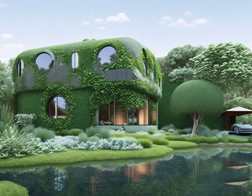 Eco-friendly house with green walls, circular windows, lush gardens, and reflective pond