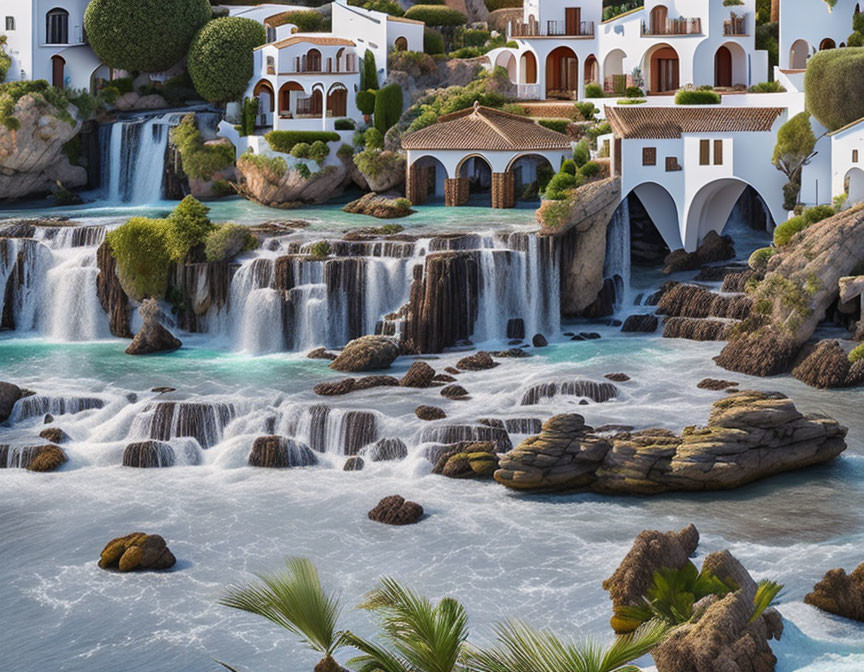 Fantastical landscape with white buildings and cascading waterfalls