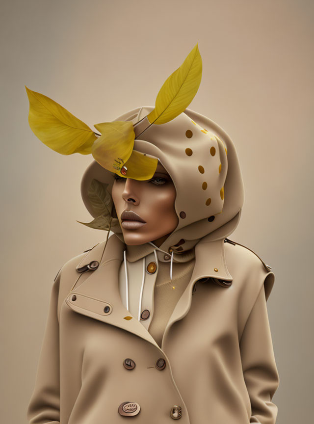 Person with Leaf-Like Eye Coverings in Beige Trench Coat